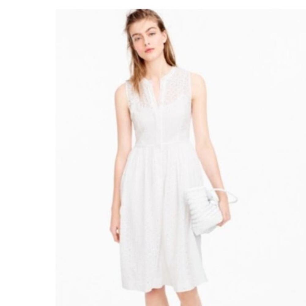 J. Crew Eyelet Lace Sleeveless Tea Length Button Down Dress White Lined size 12